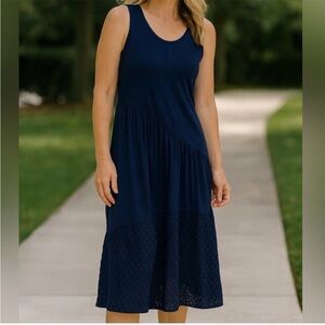 Chico’s Navy Scoop Neck Mixed Material Tiered Sun Dress Cotton Blend NWT Sz L